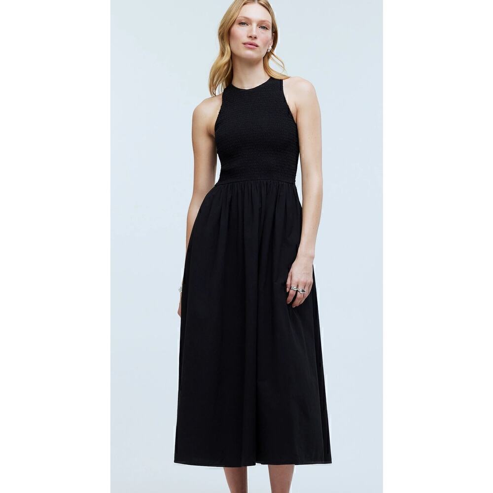 Madewell The Melody Smocked Dress Sleeveless Keyhole Back Midi Black Nwt Xs